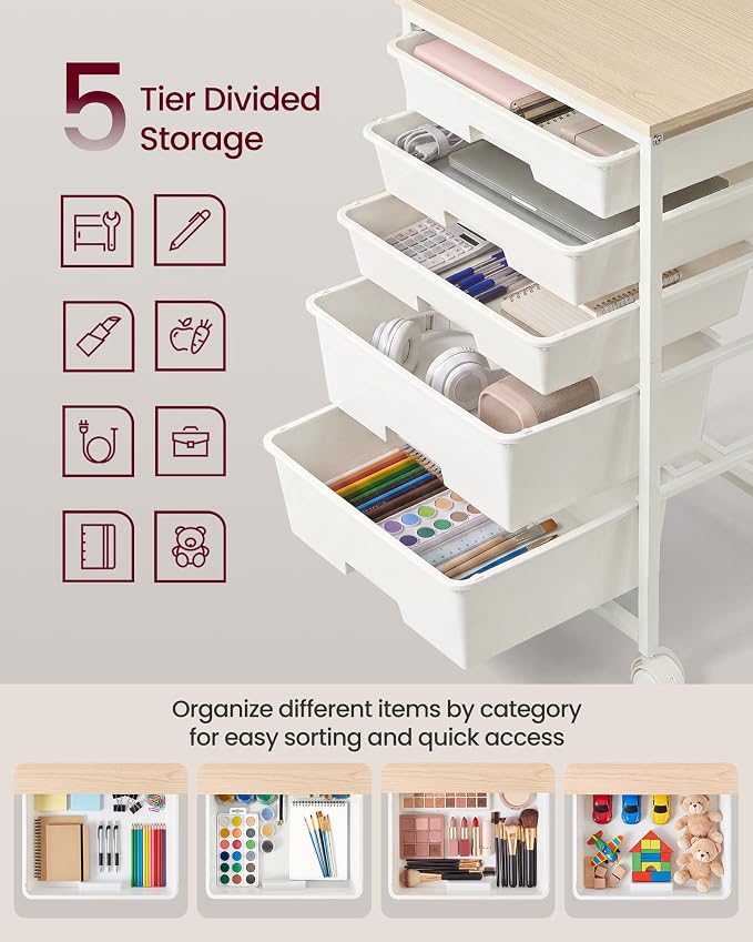 VASAGLE Rolling Cart with Drawers,5 Drawers Storage Cart, White