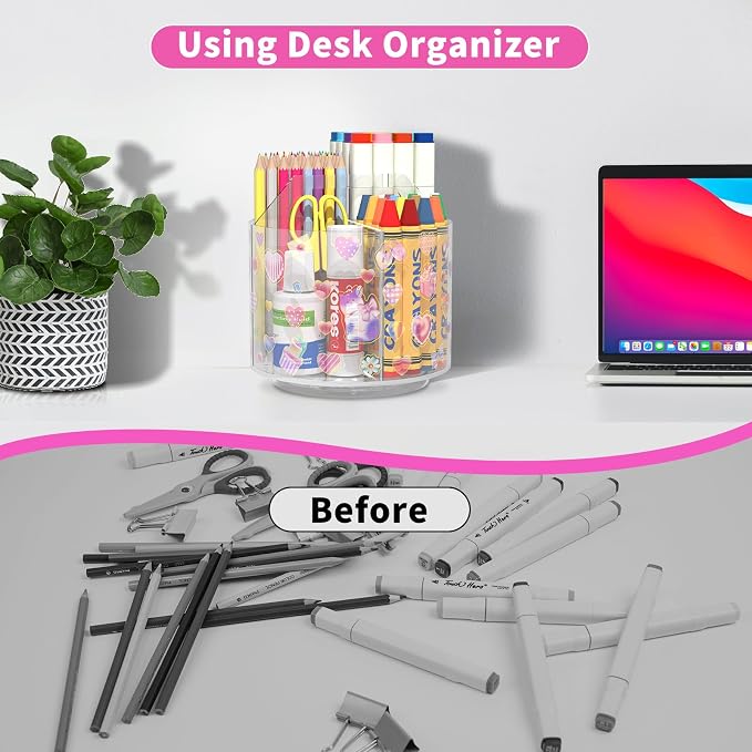 Acrylic Pencil Organizer for Desk Crayon Organizer with Adhesive Sticker | Rotating Art Supply Organizer with Kawaii Sticker, Spinning Marker Holder Organizer for Kids Small Lazy Susan with 4 Dividers
