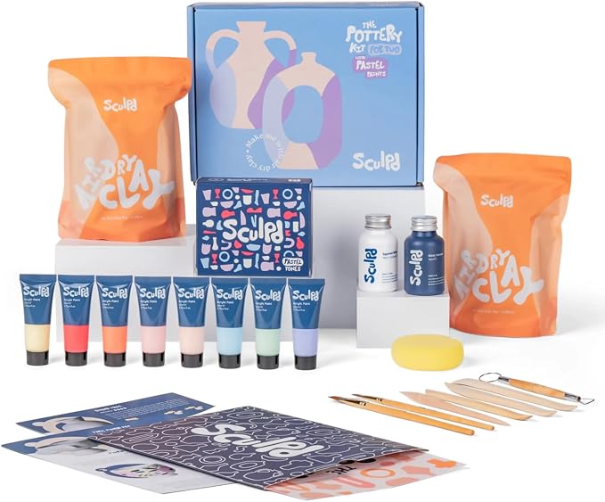 Sculpd Pottery Kit for Adults, Air Dry Clay with Tools, Pastel Tones | The original couples date night arts & crafts set with paints, brushes and tools, for adults