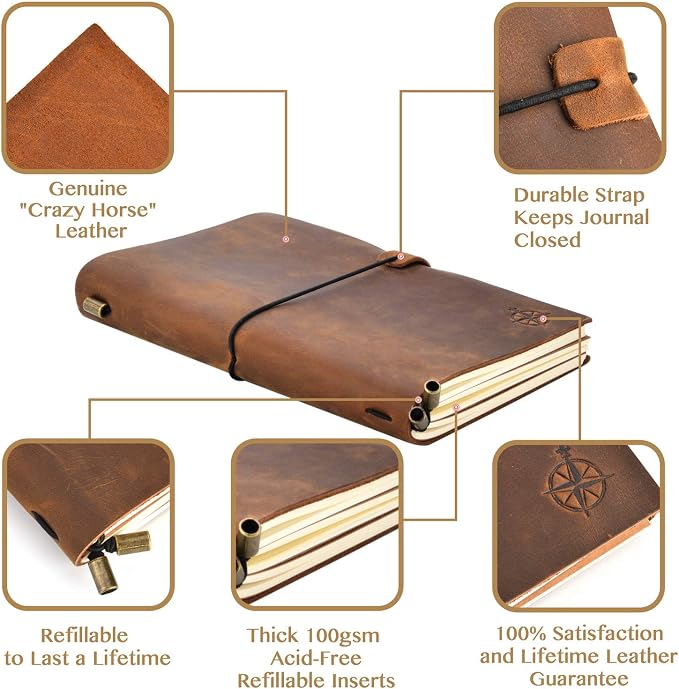 Wanderings A6 Travelers Notebook/Handcrafted Genuine Leather Journal - 11.5 x 15.5 cm - This Small Refillable Travel Journal is Rugged Enough to Capture All Life's Adventures. 100 GSM Blank Inserts
