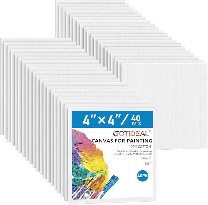 Gotideal Canvas Boards for Painting, 40pcs 4x4 | Primed Canvas, Bulk Painting Canvas for Kids and Adults, White Blank Canvas Panels, for Acrylic, Oil, Pour Art Supplies
