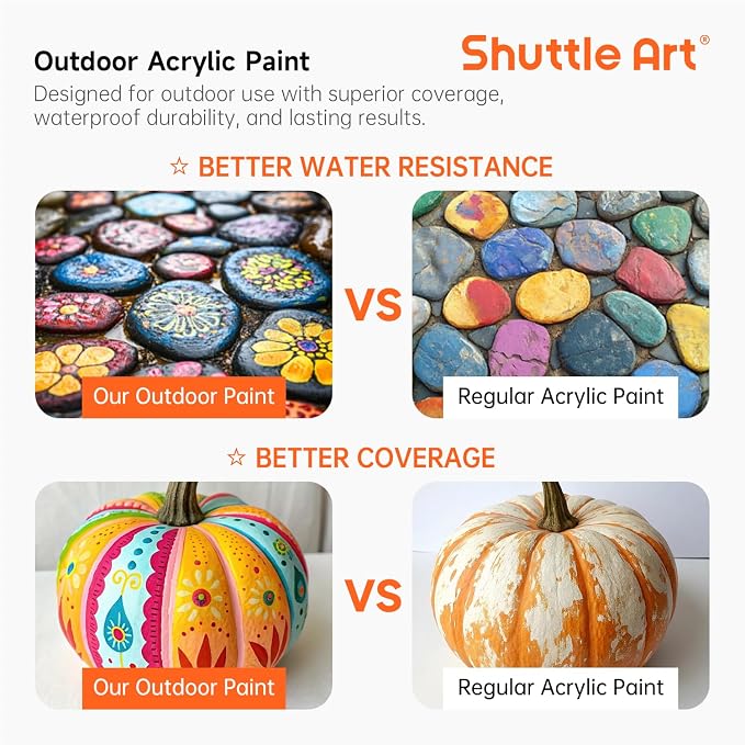 Shuttle Art Outdoor Acrylic Paint Set, 12 Colors Waterproof Paint, 8.45oz/250ml Large Bottles, Rich Pigmented Bulk Painting Supplies for Artists, Beginners on Rocks, Wood, Wall, Crafts, Garden Statues | Highly pigmented, non-toxic acrylic paints in bot...
