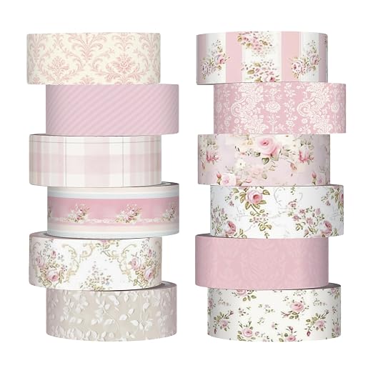 12 Rolls Floral Washi Tape Set,Pastel Pink,Tea Party | Watercolor Flowers Design for Scrapbook Journal DIY Craft School Supplies, 15 mm Vintage Decorative Masking Washi Tapes