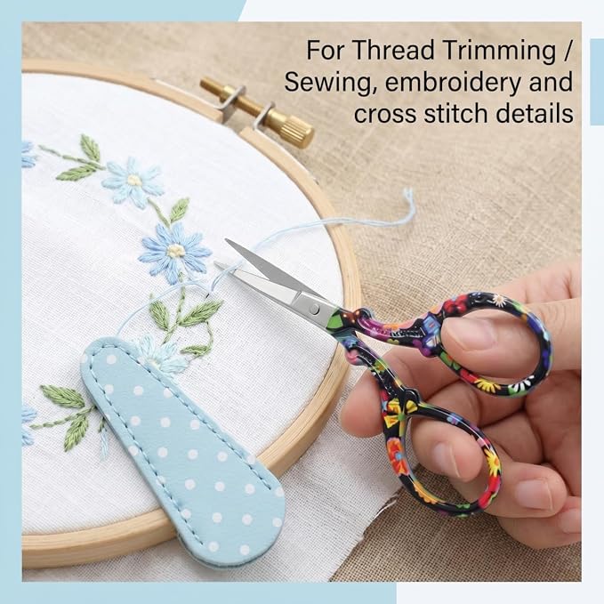 3.6 inch Sharp Embroidery Scissors for Sewing with Premium Leather Sheath | Classic-Hisuper Cross Stitch Scissors Vintage Decorative Shears Needlework Crochet Accessories Craft DIY Tool-Black Floral
