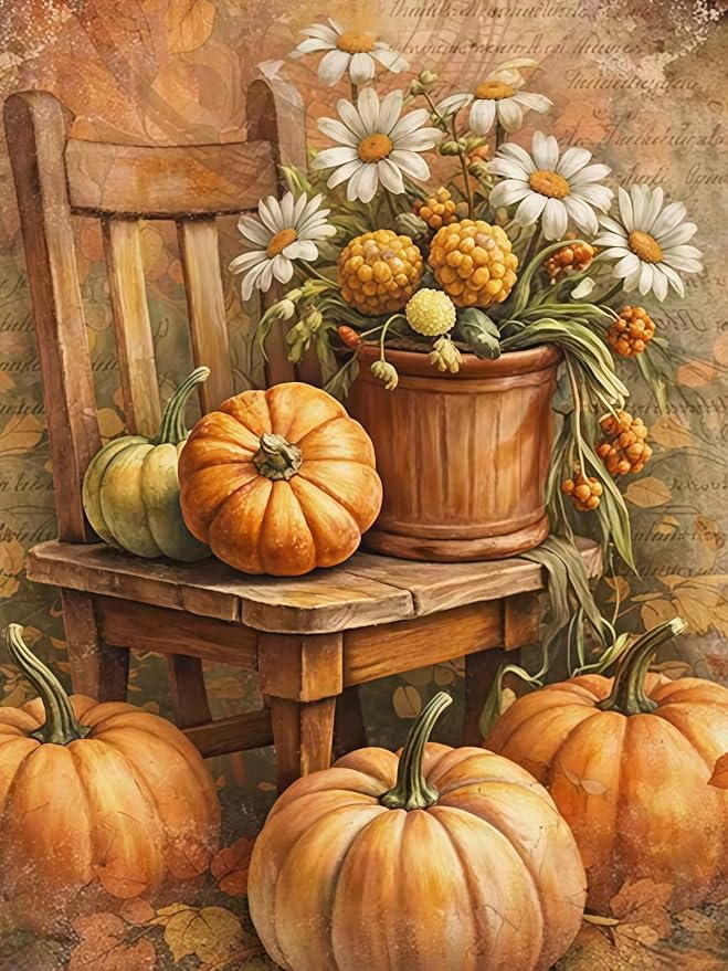 Vintage Pumpkin Daisy Diamond Painting Kits for Adults, Autumn Diamond Art