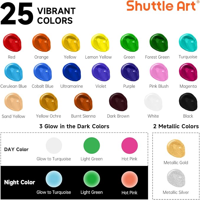 Shuttle Art 25 Colors Outdoor Acrylic Paint Set, 2oz/60ml Waterproof Acrylic Paint with 10 Brushes 1 Palette, Rich Pigmented Paints for Artists, Beginners on Rocks, Wood Crafts, Garden Statues