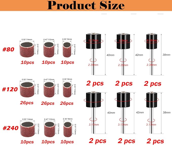 Sanding Drum Set for Most Rotary Tools-Includes 138 Aluminum Oxide Sanding Sleeves for Drum Sanders (80,120,240 Grit) and 12 Drum Mandrels-Sanding Bits Tool Accessories with Box
