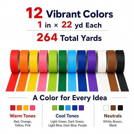 Colored Masking Tape 1 Inch, 12 Rolls, 12 Colors, 264 Total Yards