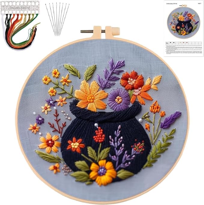 YOUDRN Halloween Embroidery Kit, Flower Pot Halloween Cross Stitch Kit