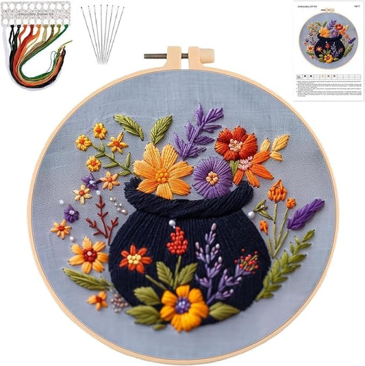 YOUDRN Halloween Embroidery Kit, Flower Pot Halloween Cross Stitch Kit