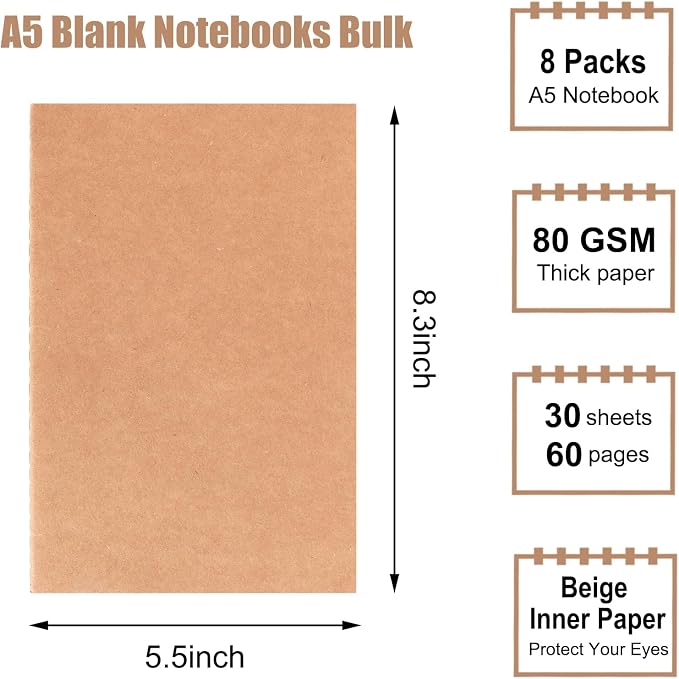 EOOUT 8 Pack Blank Kraft Notebooks, A5 Journals Notebook Bulk, Unlined Paper Sketchbooks, 8.3 x 5.5 inches 60 Pages Travel Journal Set for Journaling, Student, Kids, Writing