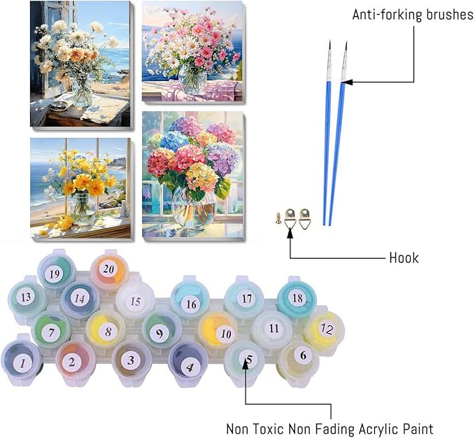 4 pack Flower Paint by Numbers Kit for Adults Beginner With Framed,Flowers Easy Adult Paint by Number Kits on Canvas DIY Painting for Beginners Art by Numbers for Home Wall Decor 10x12-10x10 Inch