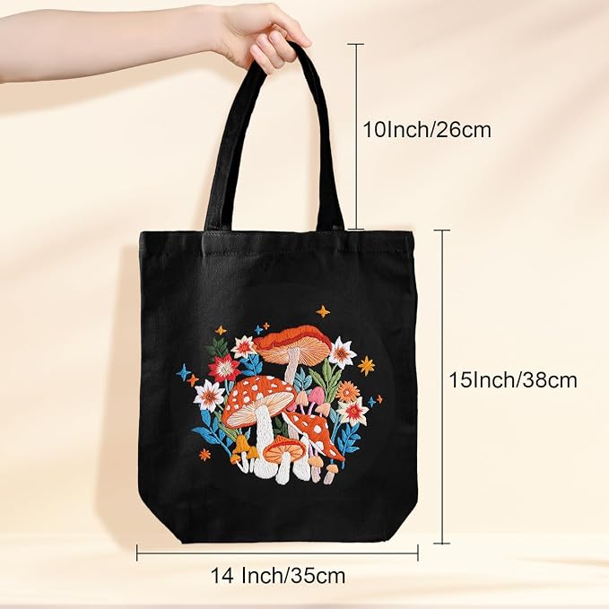 Louise Maelys Embroidery Kit Canvas Tote Bag with Mushroom Floral Pattern