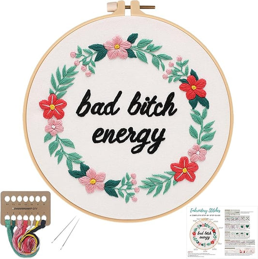 Louise Maelys Funny Quote Embroidery Kit for Beginners Floral Wreath DIY | Designed for Fun, Cross Stitch Kits Feature Floral Patterns. Needlepoint Kit for Beginners and Adults to Make Handmade Crafts