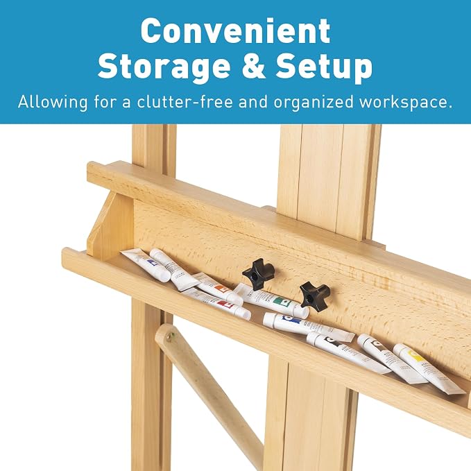 Beechwood H-Frame Artist Studio Easel with Storage Drawer, Natural