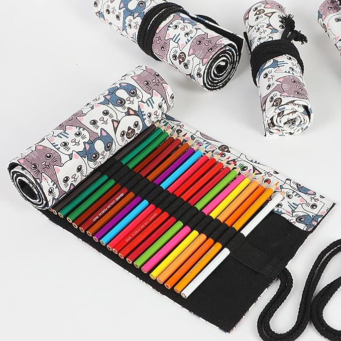 DIYOMR 12/24/36/72 Slots Pencil Wrap Roll, Artist Colored Roll Up Bag, Short Brush Pouch Case Organizer for Drawing Coloring and Sketching, No Pencils (Big Headed Cat, 12slots)