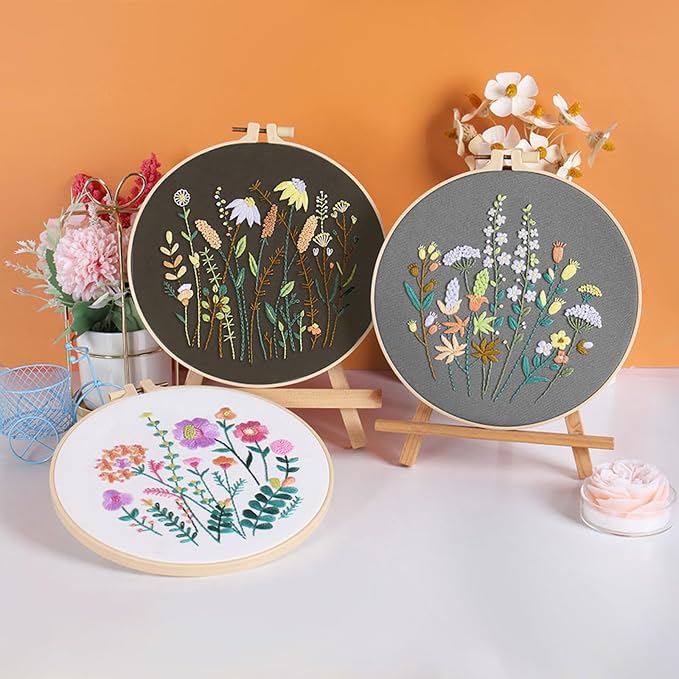 GLTAYLMY 3 Pack Embroidery Starter Kit for Beginners Stamped Cross Stitch Kits with Cute Flowers and Plants Patterns with 1 Embroidery Hoop and Color Threads for Adults