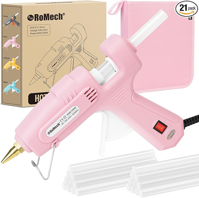 ROMECH Full Size Hot Glue Gun with 60/100W Dual Power and 21 Hot Glue Sticks (7/16"), Fast Preheating Heavy Duty Industrial Gluegun with Storage Case for Crafting, DIY and Repairs (Pink)