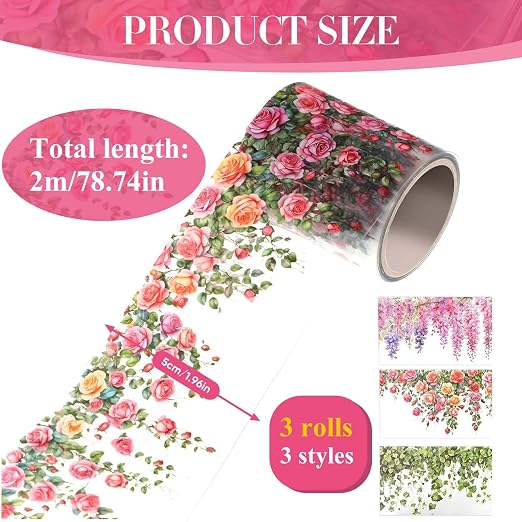 3 Rolls Floral Washi Tape Set, Colorful Rose Vine Scrapbook Tape Self-Adhesive Washi Tapes Vintage Flower Stickers for Journaling, PET Floral Tape Stickers for Scrapbooking Junk Journal Supplies