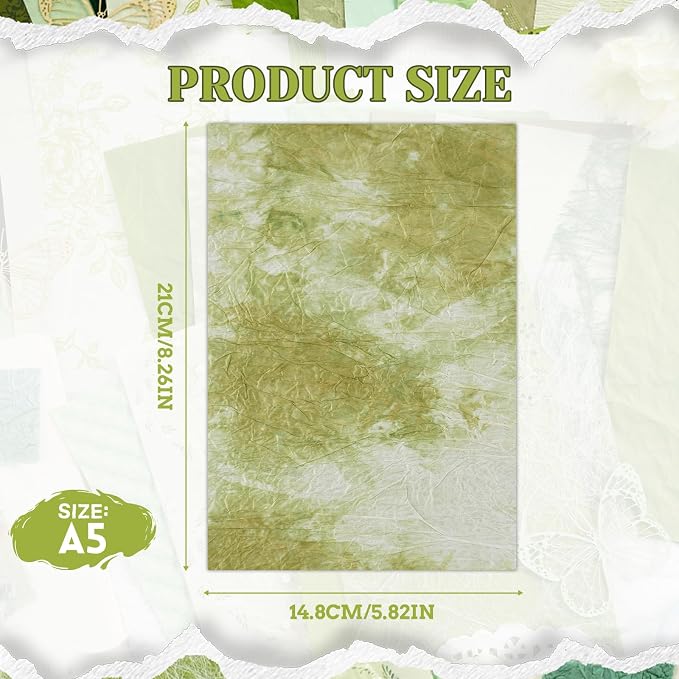50 Sheets Unique Handmade Textured Scrapbook Paper & Mesh Fabric Set - Junk Journal Supplies Craft Paper for Scrapbooking Journaling Supplies for Junk Journal Retro Crafts（Green）