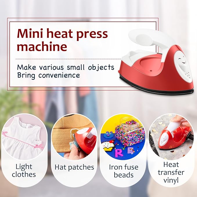 Honoson Mini Craft Iron Mini Heat Press Small Iron 3.93 x 2.36 x 2.76 in Portable Handy Tiny Flatiron with Charging Base Accessory for Fuse Bead Patch DIY Heat Transfer Vinyl(Red)