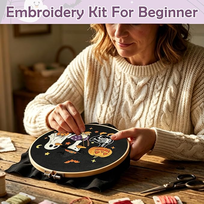 Nuberlic Halloween Embroidery Kit for Beginners Adults DIY Needlepoint | Complete Halloween Embroidery Kit With Cute Ghost, Pumpkin And Duck Design For Handmade Decor, Relaxing Needlework And Gifts.