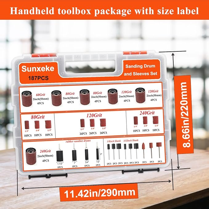 187-Piece Sanding Drum Kit for Drill & Drill Press – Includes 2inch Spindle Sander Sleeves (60/80/120/240 Grit), 4 Rubber Sanding Drums, 1/4-Inch Shank,Versatile Sander Accessory with Box