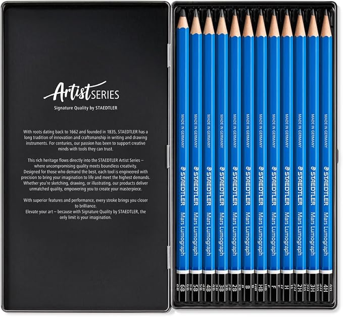 STAEDTLER Mars Lumograph Art Drawing Pencils (12-Pack) - Sustainable, Break-Resistant Graphite, Metal Case | Sustainable, Break-Resistant Graphite, Metal Case