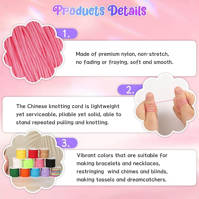 Selizo 12 Rolls Nylon String for Bracelets, Chinese Knotting Nylon Cord for Jewelry Making, Nylon Beading Thread for Kumihimo, Braided Bracelets, Necklaces, Macrame Craft, Wind Chime