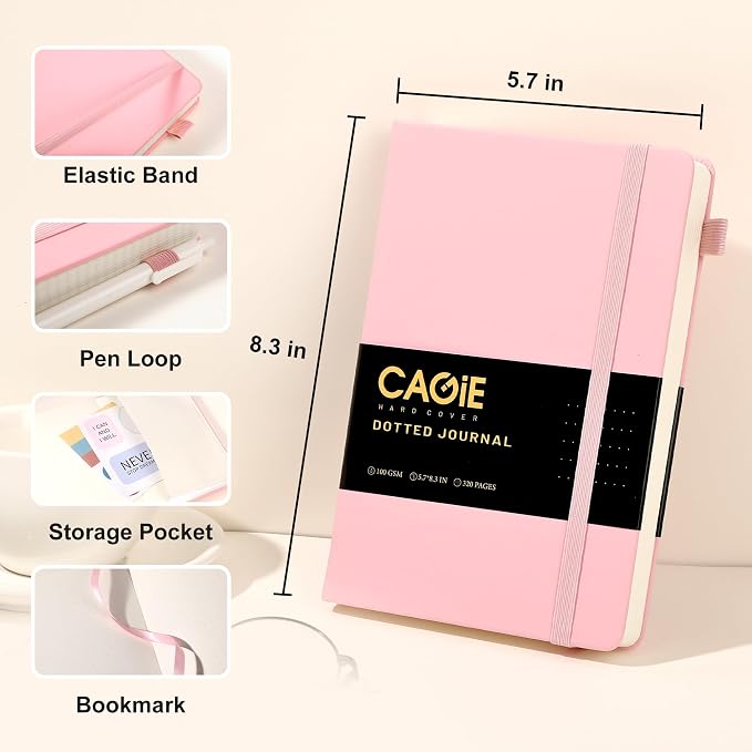 CAGIE Bullet Dotted Journal Notebook 320 Pages 100 GSM Paper Hardcover A5 Dot Grid Notebook Leather Journals for Writing Women Men Work Journaling, Pink
