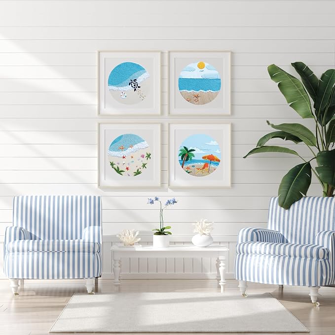 4 Set Ocean Embroidery Kit for Beginners Adults Embroidery Starter Kit Ocean Beach Pattern Spring Summer Hand Crewel Embroidery Kit Cross Stitch Kit Include Instruction 2 Hoops Color Threads Needles