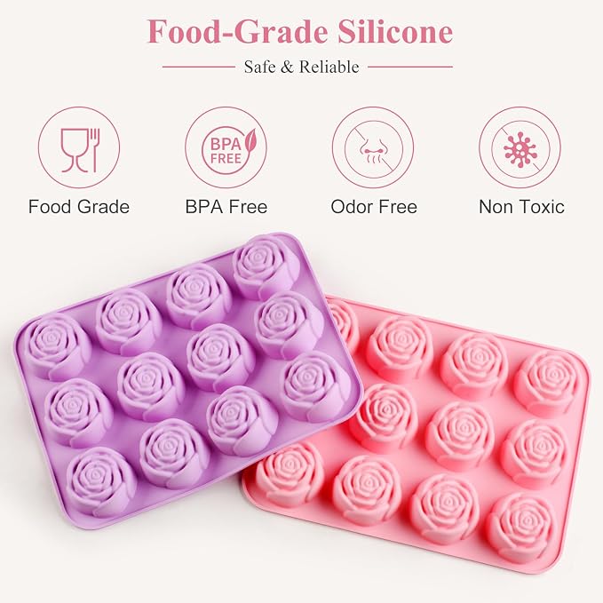 AgePlace 2 Pack Rose Silicone Mold, 24 Cavities Rose Chocolate Mold, Food-Grade Flower Silicone Molds for Chocolate, Candy, Ice Cube, Gummy, Jello, Soap, Candles