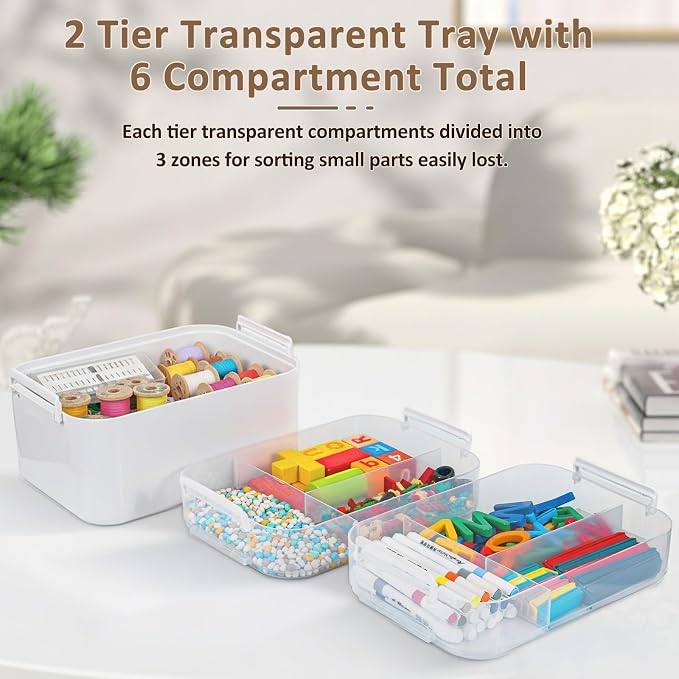 3-Layer Plastic Craft Organizers and Storage Box with Removable Trays, Storage Containers with lids and Handle, Art Supply Storage Organizer for Bead, Ornament, Nail Polish, Tape（10.62"x9"x7.67"）