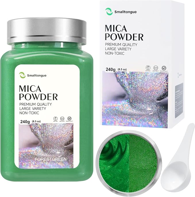Mica Powder, ForestGreen, 240g with Scoop, Complies with ASTM D-4236 | For Epoxy Resin, Soap, Bath Bomb, Candle| Safety Material| Odorless| Brilliant Colors