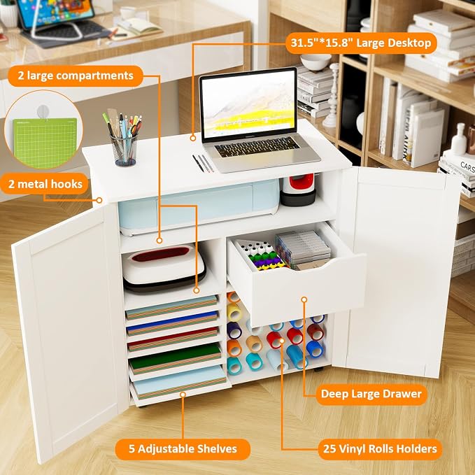 Craft Cart Cabinet Compatible with Cricut for Storage Organization, Rolling Craft Cabinet Table Stand Workstation with Vinyl Roll Holder with Wheels for Craft Room Organizer 31.6"W x 15.8"D x 33.7"H