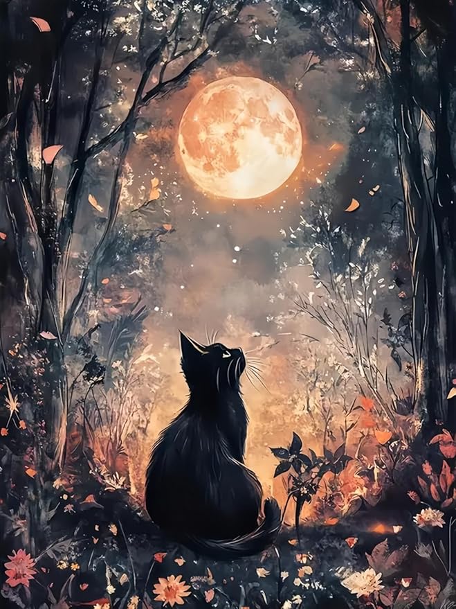 Black Cat Moon 5D DIY Diamond Painting Kits for Adults | Diamond Art Kits for Beginners, Full Drill Dot Painting Gem Art Kits for Home Wall Decor11.8 x15.7 Inch