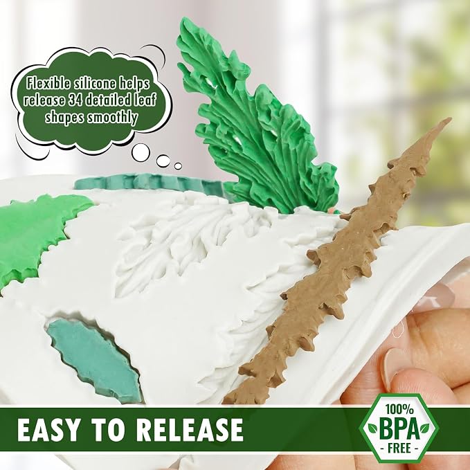 HKNMTT Leaf Fondant Silicone Mold Small Maple Shapes, 34 Cavity Tree Fern Leaves Rose Flower for Cake Cupcake Topper Craft Decorating Sugar Candy Clay Plant Moulds DIY BPA Free