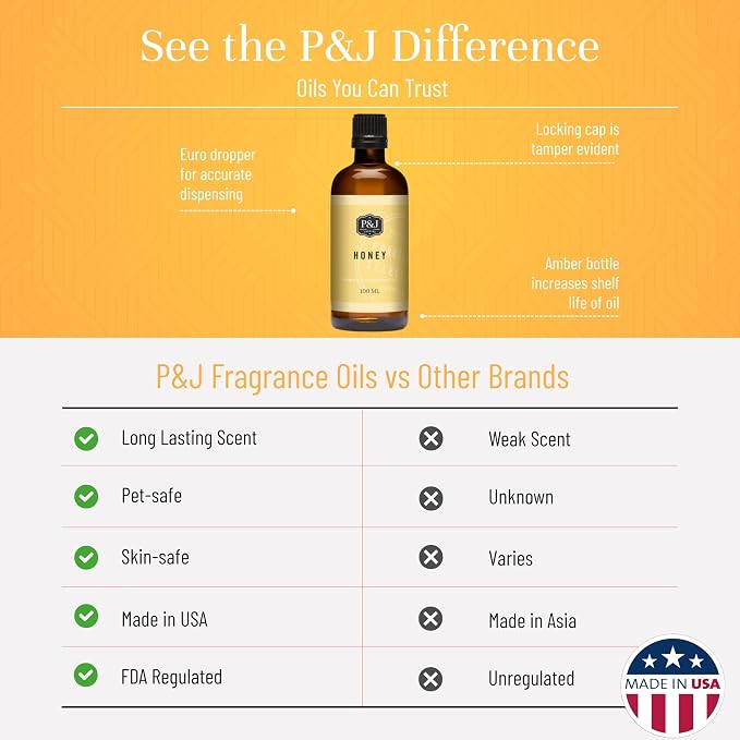 P&J Fragrance Oil - Honey Scented 30ml - Candle Scents, Soap Making, Diffuser Oil, Fresh Scents