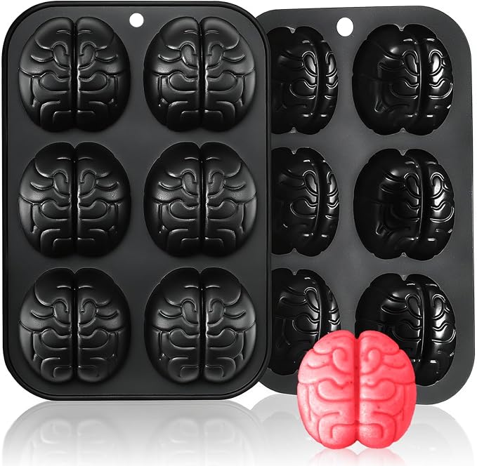 HKNMTT Halloween Brain Silicone Molds 2 Pack 6 Cavity, Spooky Brain Shape Baking Tray for Chocolate Candy Wax Melts Tarts Cupcake Pizza Cake Oven Safe Food Grade Moulds for Kids Party DIY Fun