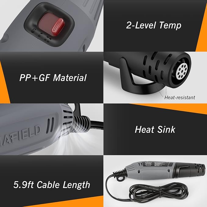 DIAFIELD Mini Heat Gun with 2 Temp Setting 302℉-842℉ | Fast Heat up, with Reflector Nozzle and 5.9Ft Cable for Epoxy Resin, Craft, Embossing, Shrink Wrapping & DIY