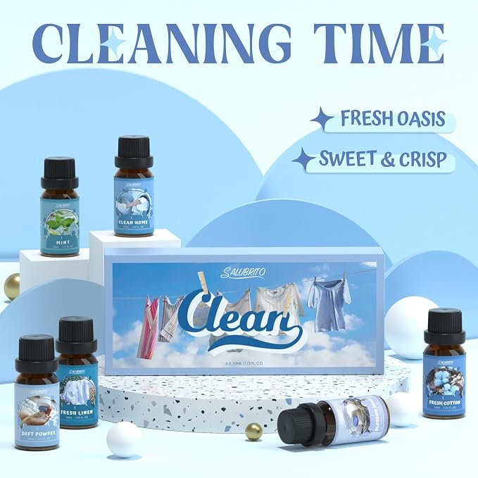 SALUBRITO Clean Diffuser Oils Set, Premium Essential Oils Set for Diffuser, Candle, Soap Making, Fresh Cotton, Clean Home, Fresh Linen, Soft Powder, Blossom Soap, Mint, Fragrance Oil