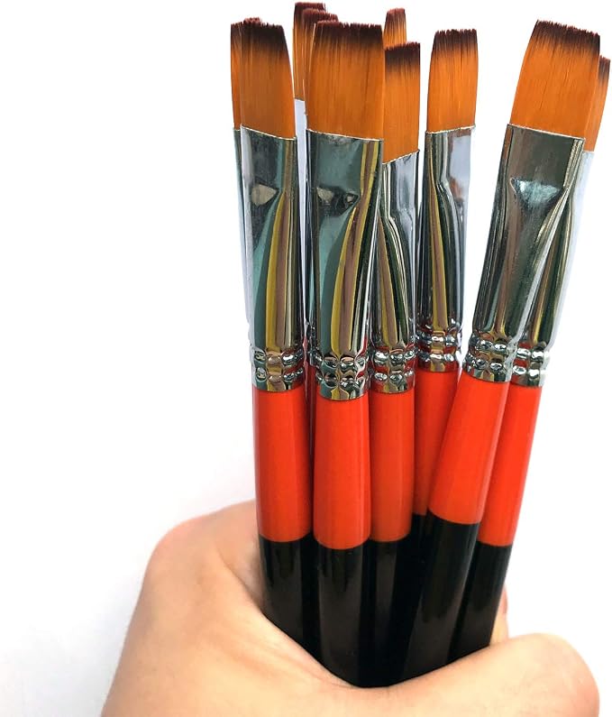 1/2 Inch Flat Bright Paint Brush Set of 12, Premium Taklon Synthetic Hair | No Shedding Bristles for Acrylic Watercolor Oil Gouache Tempera Enamel Ink Painting for Students, Professionals & Artists
