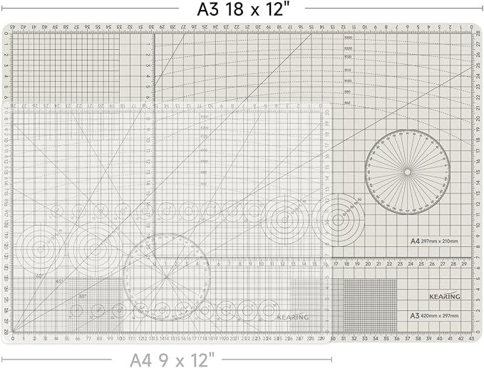 KEARING A3 Self Healing Cutting Mat 12x18 Inch, 3mm Thick Double-Sided High-Contrast Craft Mat with Grid, Premium 5-Ply PVC Construction, Beige and Charcoal Grey, for Sewing, Quilting, Crafts, 1 PCS