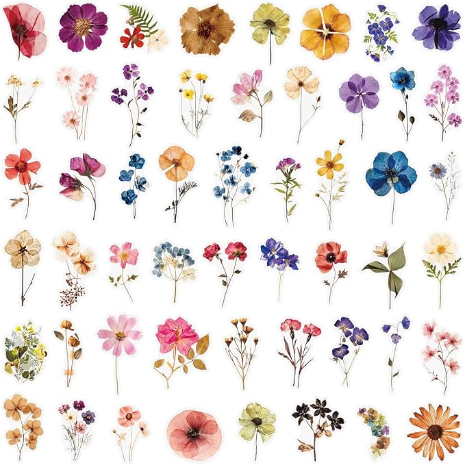 50Pcs Transparent Flora Scrapbook Stickers Pack, Vintage Aesthetic Flowers Stickers for Scrapbook Journal, Waterproof for Water Bottles Laptop Phone Scrapbook Supplies DIY Crafts（Flora）