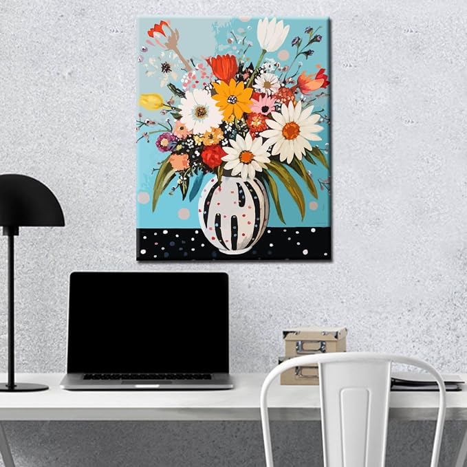 Abstract Flowers in Vase Oil Painting Paint by Number Kits 16 x 20 inch Canvas Colorful Flowers DIY Oil Painting for Kids Students Adults Beginner with Brushes and Acrylic Pigment (without Frame)