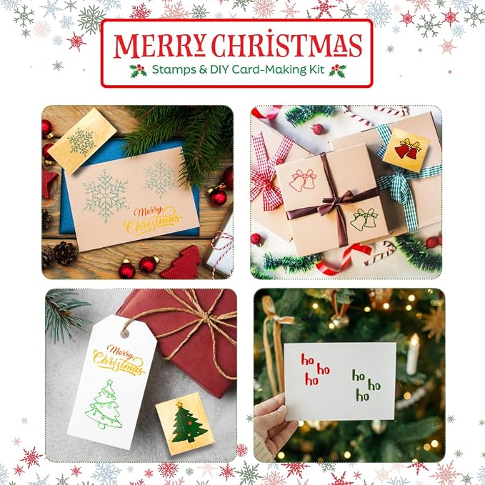 48 Piece Merry Christmas Craft Kit Wooden Stamp Set with Ink Pads Colored Pencils Stickers Cards Envelopes DIY Holiday Card Making Set for Kids Adults Classrooms Festive Family Fun