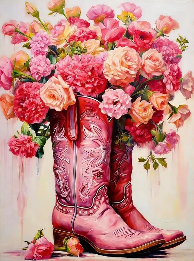 Accompany Wind Pink Boots Diamond Art Kits for Adults, 5D Boots Flower Diamond Painting Kits for Beginners,DIY Round Full Drill Diamonds Gem Art Crafts for Home Wall Decor Gifts 12x16 Inch