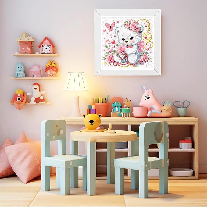 ajepon Bear Diamond Art Kits for Kids with Frame, Animal Diamond Art for Kids Ages 8-12, Cartoon Bear Diamond Painting Kits for Kid with Beautiful Package for Gift Home Wall Decor(7x7inch)