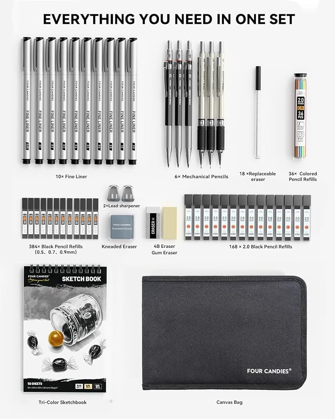 Four Candies 52pcs Art Supplies Sketching Drawing Kit for Beginners Teens | 10 Micron Fineliner Pens, 6 Drafting Mechanical Pencils,3-Color Sketchbook,27 Lead Refills,School Supplies for Adults