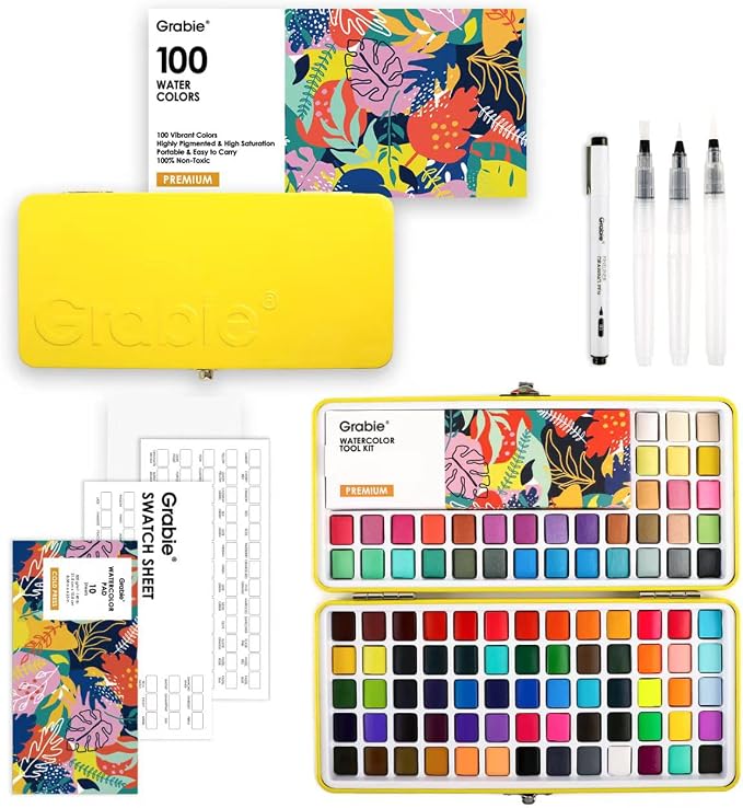 Grabie Set of 100 Color Premium Watercolor Paint Set with Brush Pens | Brush Pens And Paper Pad Included, Waterproof Fineliner, Portable Art Kit, High Pigment Paints, Smooth Color Blending